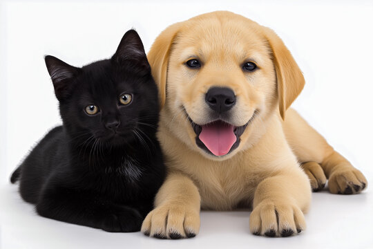 A golden-yellow Labrador Retriever puppy sits amicably with a Black cat on a white background. photos for advertising.