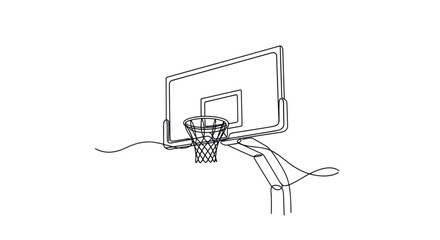 Minimalist single line drawing of a basketball hoop and backboard on white background © Abdul