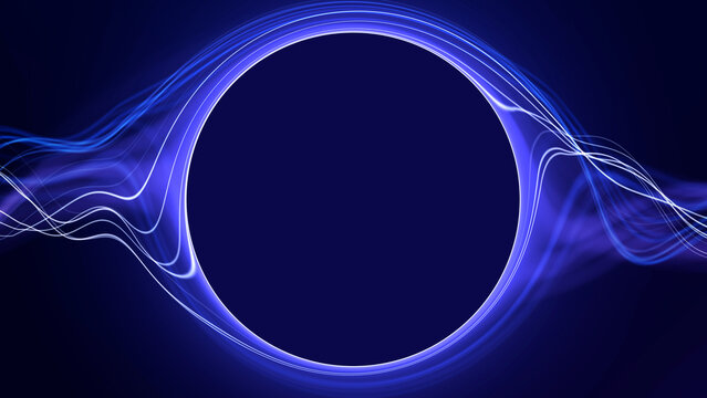 Blue glowing energy ring with flowing light waves and dark center, abstract futuristic digital background with smooth neon motion and deep tech atmosphere.