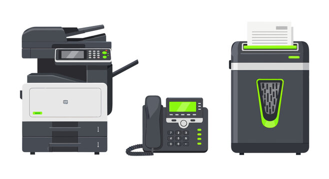 Office Equipment: Multifunction Printer, Telephone, and Shredder Vector Illustration