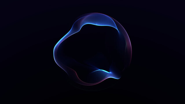 Blue purple glowing energy sphere with fluid neon waves on dark background, abstract futuristic orb with soft plasma light and digital depth.