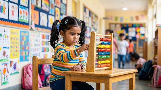 A proud student showing a tall completed tower of colorful counting blocks on a classroom table.