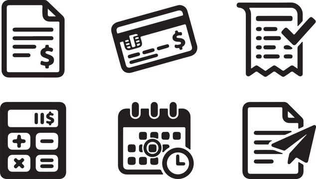 Finance and billing outline icon set with invoice credit card receipt calculator calendar and paper plane file.