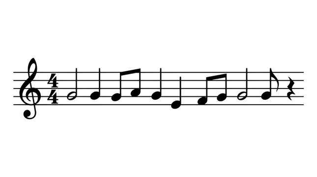 Musical notes staff icon with treble clef and rhythmic quarter notes, black ink vector graphic for music education