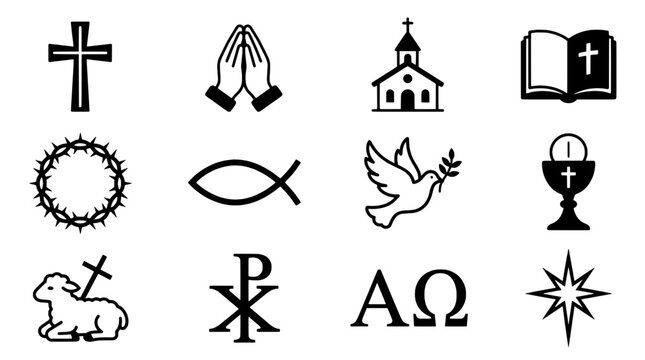 Christian symbols set with religious icons and holy imagery featuring cross, praying hands, church with book and crown of thorns elements for fish,