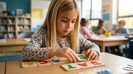 Fototapeta premium A young girl assembling alphabetic tile word puzzle pieces on a sorting grid mat.