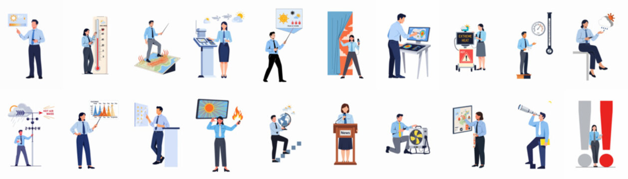 Set of professional weather forecasters and meteorologists presenting reports on extreme heat, climate change, and global warming scenarios in various flat illustrations.