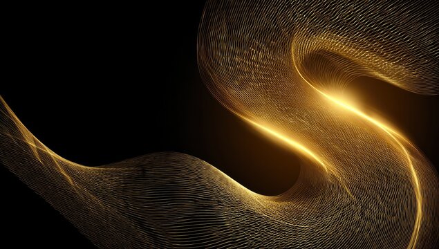 Swirling golden threads illuminated by bright light against a dark backdrop
