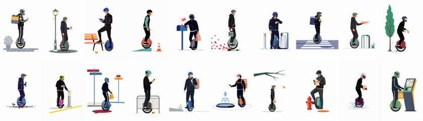 Collection of vector illustrations featuring various people riding electric unicycles for urban commuting and delivery services in different city settings. © Juan