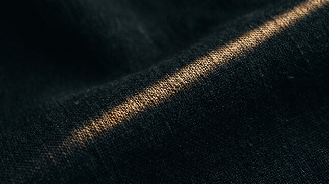 Close Up Detail of Dark Woven Fabric Texture with Warm Diagonal Sunlight Beam