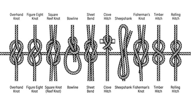 Knots rope diagram set with overhand, figure eight, square knot, bowline, clove hitch, fisherman's and rolling hitch variations