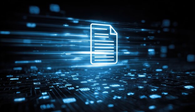 Digital document icon glows on a futuristic, glowing circuit board background