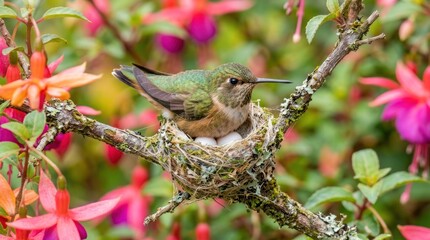 Naklejka premium Hummingbird perched on a branch with fuchsia flowers in the background.