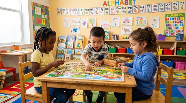 A group of happy students placing alphabet word blocks across a shared early reading spelling pad.