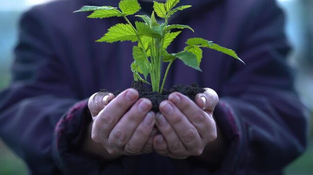 Close-up of a young green plant held in human hands with fertile soil