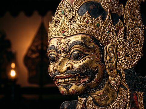 Traditional Indonesian Wayang Kulit Shadow Puppet Intricate Gold Detail Dark Background