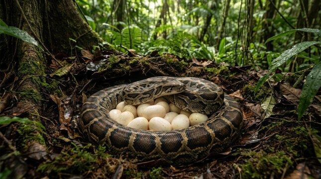 A python snake with eggs in its nest in the jungle.