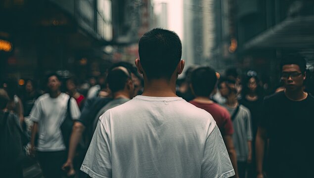 Back view of man in white shirt amidst a bustling, blurred urban crowd
