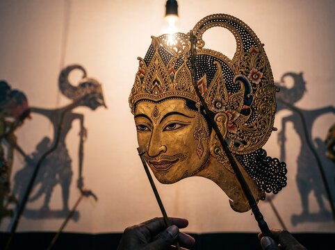 Traditional Indonesian Wayang Kulit Shadow Puppet Intricate Gold Detail Dark Background