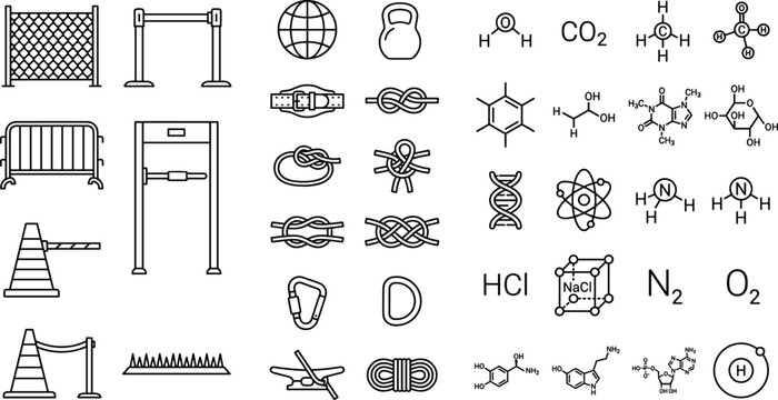 Vector Icon Set of Science, Safety, and Chemical Symbols for Laboratory, Construction, and Security Applications