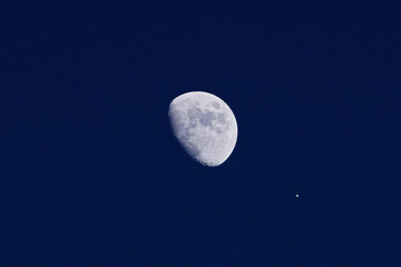 Fototapeta premium Waxing gibbous Moon and planet Venus on a daylight blue sky.