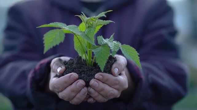 Person holding a young green plant with soil in hands. Concept of ecology