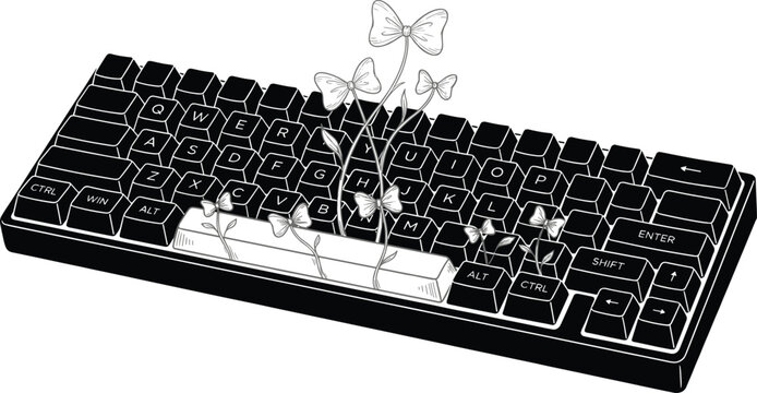 Surreal black computer keyboard with delicate flowers growing from keys conceptual art of digital nature technology growth and organic innovation