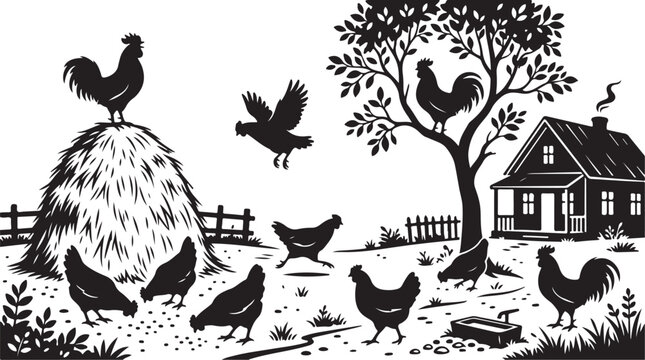 Farm, rural, black and white, vector illustration, chickens, roosters, haystack, house