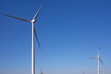 Fototapeta premium Wind turbines at sunset in green field – renewable energy, clean power, sustainable future.