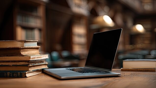 A modern laptop sits open on a wooden desk next to a stack of old books