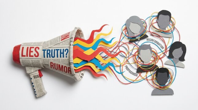 Megaphone spewing colorful waves into connected network of people, representing spread of misinformation and propaganda.