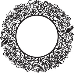 Obraz premium Floral Wreath, Black and White, Vector Illustration, Round Frame, Botanical Border
