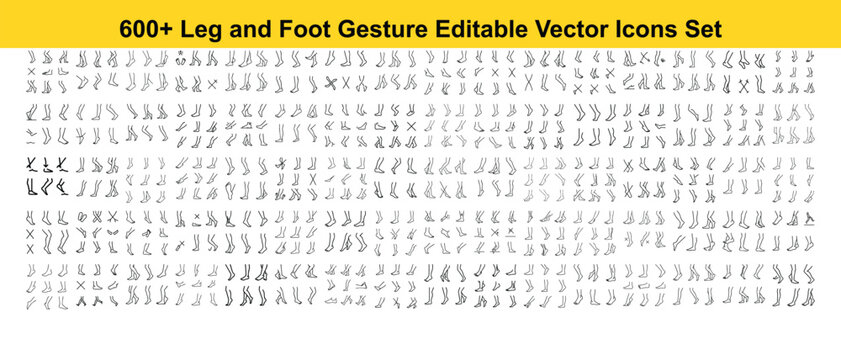 A collection of 600 plus leg and foot gesture editable vector icons set displayed on a flat surface.