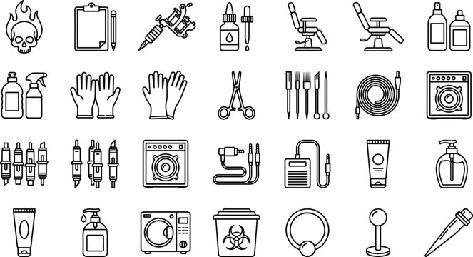 Tattoo and Beauty Equipment Icon Set in Black and White Featuring Tools, Bottles, and Salon Essentials