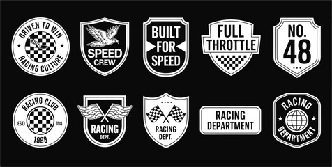 Racing Badges Vector with Motorsport Logos, Speed Crew Emblems, Checkered Flags, Racing Helmets, Wings and Retro Automotive Graphics for Team Branding Design © TYRRRR