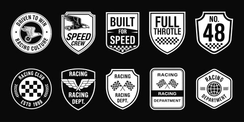 Racing Badges Vector with Motorsport Logos, Speed Crew Emblems, Checkered Flags, Racing Helmets, Wings and Retro Automotive Graphics for Team Branding Design © TYRRRR