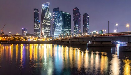 Obraz premium A nighttime cityscape with a bridge over a river and modern skyscrapers