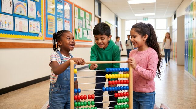 Professional stock photo of three smiling students calculating numerical arithmetic values using a vertical bead rack wood abacus model tool.