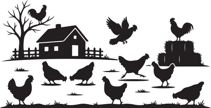 Farm chickens, rooster silhouette, rural landscape, black vector icons
