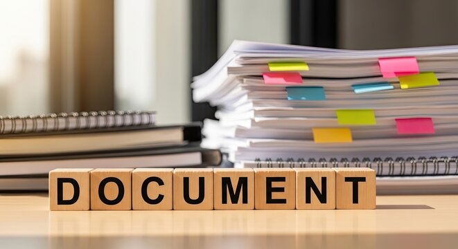 A stack of organized documents and notebooks on a desk with wooden blocks spelling the word DOCUMENT in a professional office setting environment