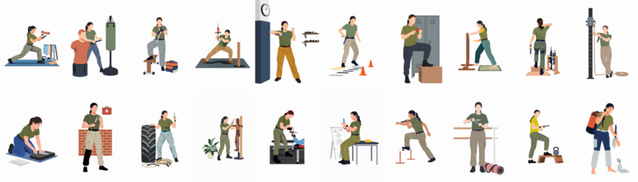 Flat vector illustrations of a female soldier in tactical gear practicing knife combat, self-defense, and physical fitness in various training scenarios.