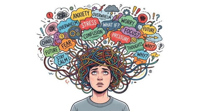 Portrait of an overwhelmed person surrounded by a tangled web of stress related words and colorful thoughts.