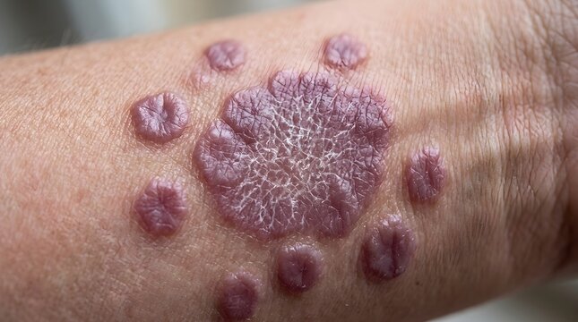 Skin condition appears on human arm with purple lesions