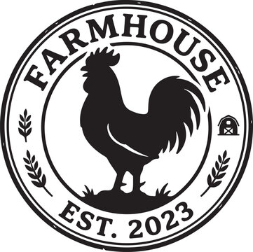 Farmhouse rooster logo, black silhouette vector, rustic emblem, 2023 established