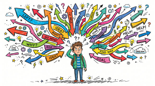 Illustration of confused student with backpack pondering numerous life and career decisions, surrounded by arrows.