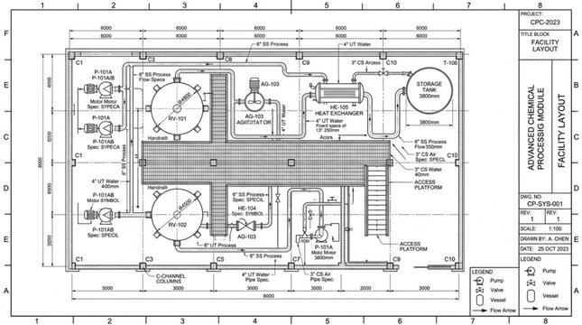 Industrial plant schematic diagram with detailed measurements and labels.