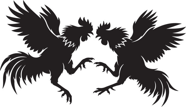 Black rooster, rooster silhouette, fighting birds, animal icons, vector graphics