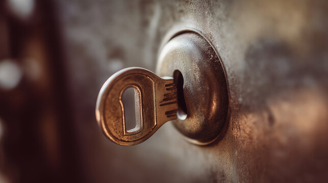 misaligned. A metal key slightly misaligned with a door lock's keyhole in dim light. product launch decks, UI/UX mockups, designed for data visualization dashboards and holographic UIs.
