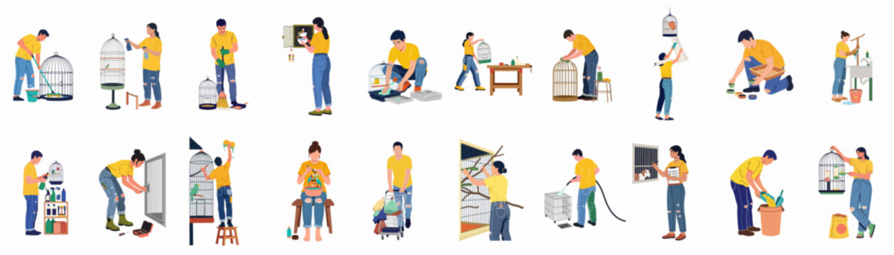 Collection of people cleaning bird cages and performing animal care tasks in flat vector illustration style.