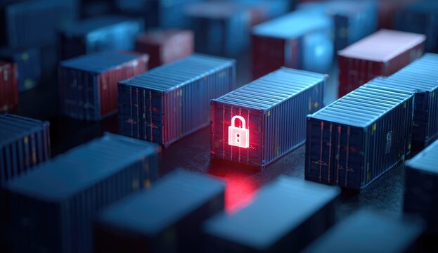 Rows of industrial shipping containers illuminated by cool blue and red lights